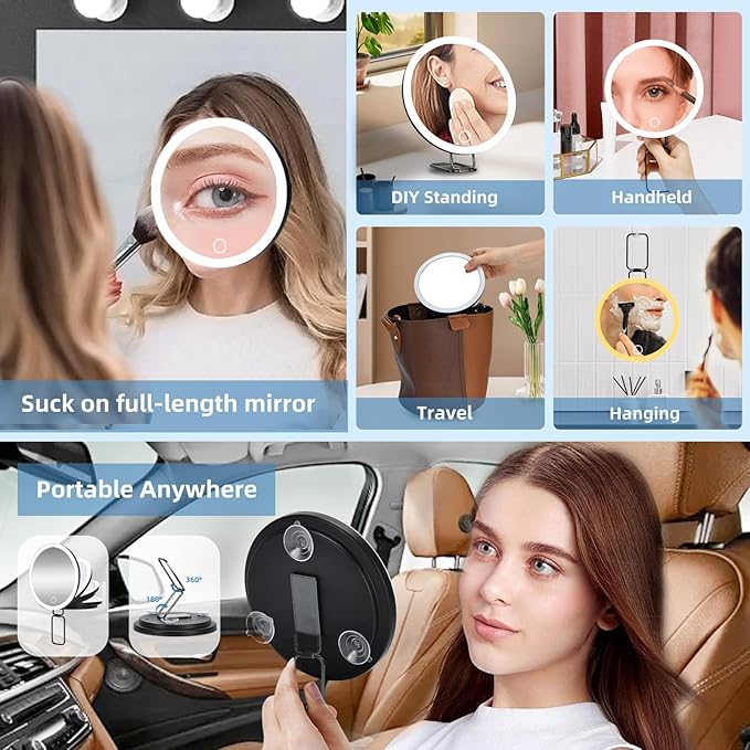 6" 10x Magnifying Mirror with Light Suction Cup,Led Close up Makeup Mirror with 360° Stand,3 Color Lighted Personal Mirror 10x,10 Times Functional Zoom Mirrors for Partial Details