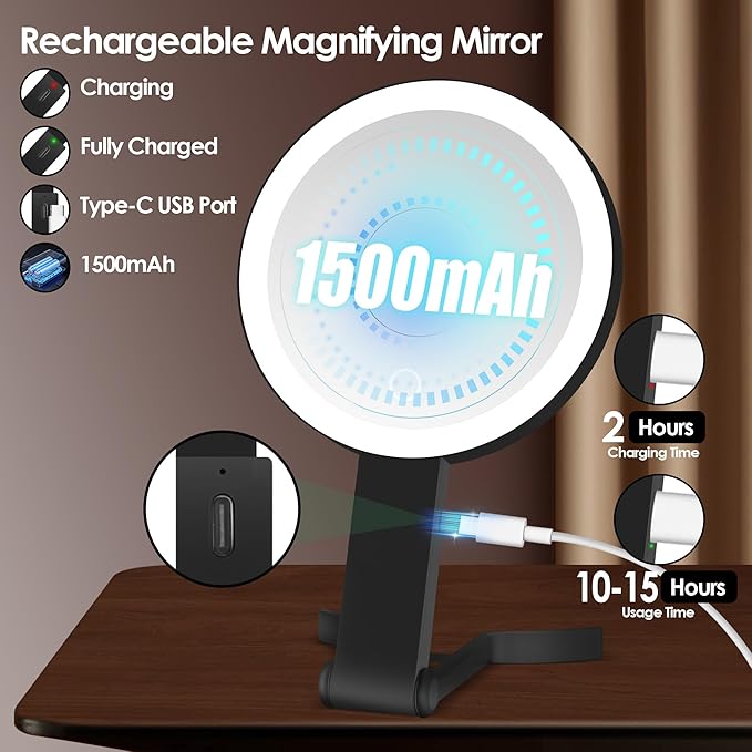 MIYADIVA Magnifying Mirror with Light, Double Sided 30X/1X Lighted Travel Makeup Mirror with Magnification, 3 Color Lighting, Dimmable Touch Screen, Adjustable & Foldable Hand Mirror (Black)