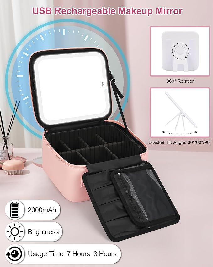 Relavel Initial Makeup Bag with LED Mirror for Women Girls, Personalized Travel Cosmetic Organizer Train Case, Birthday Gifts for Grandkids Bridesmaid Graduation Teacher Friends, Trendy Stuff, Pink T