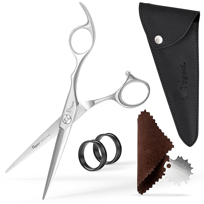 Professional Hair Scissors 7 Inch with Extremely Sharp Blades, 440C Steel Hair Cutting Scissors, Durable, Smooth Motion & Fine Cut, Barber Scissors with Elegant Sheath, Cleaning Leather & Key