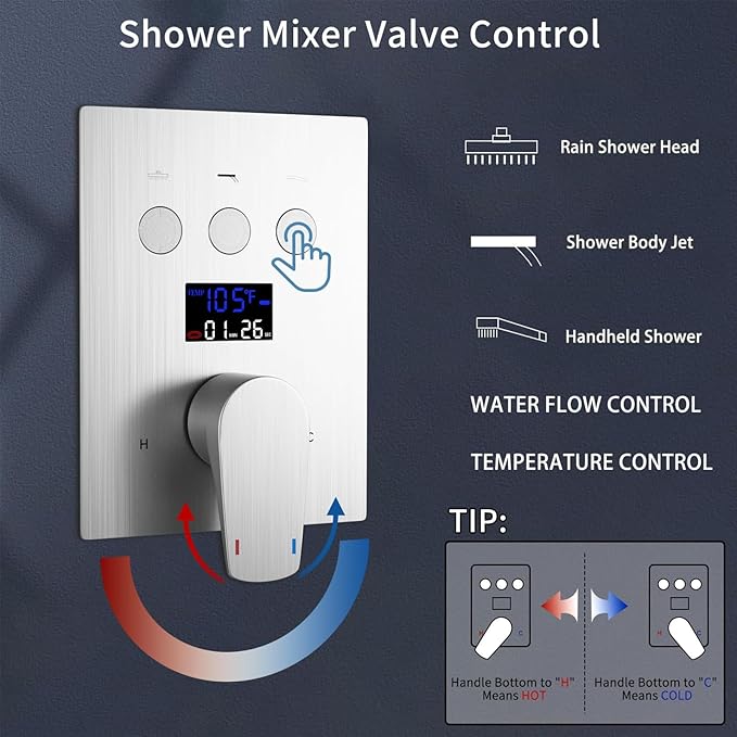 WHSHOWER Digital Display Shower Faucet Set With 12 Inch Rainfall Shower Head,Brass Handheld Sprayer And 6pcs Body Jets,Full Body Shower System (Brushed Nickel)