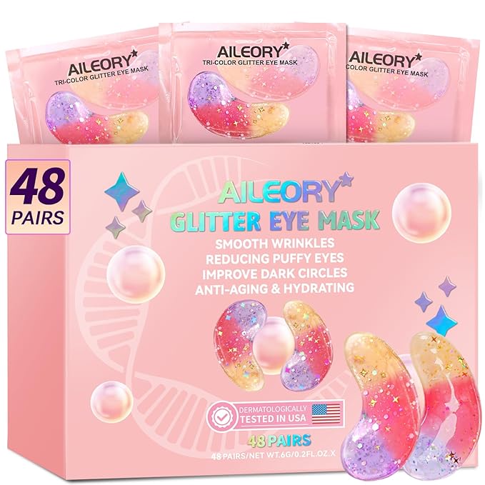 AILEORY Under Eye Patches (48 Pairs) - Tri-color Glitter Eye Gel Pads for Dark Circles, Puffy Eyes, Under eye Bags, Wrinkles | Natural Collagen Under Eye Mask Patches, Valentines Day Gift for Her