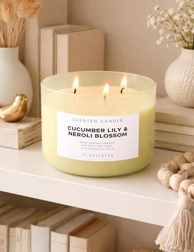 Cucumber Lily & Neroli Orange Blossom 3-Wick Soy Scented Candle, 15.8 oz | Spa Fresh Aromatherapy Candle | Large Scented Candle for Home, Long Lasting & Clean Burning