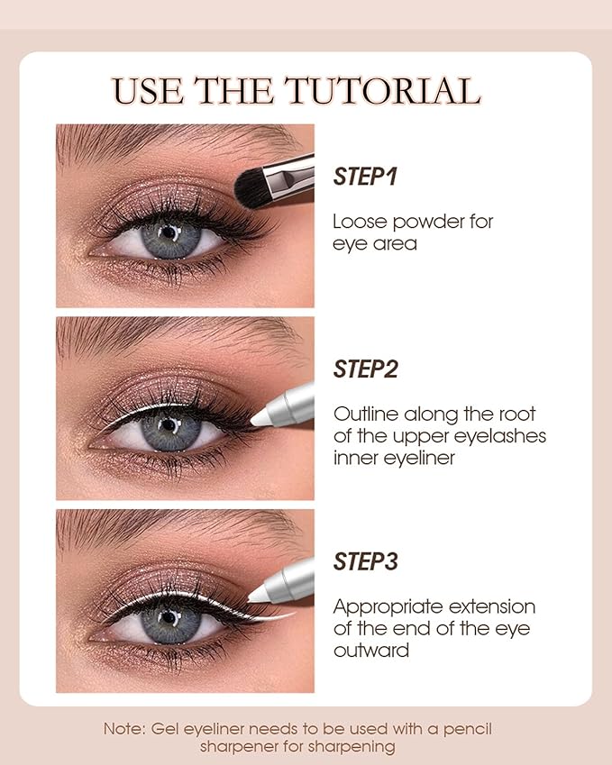 2Pcs White Waterproof Gel Eyeliner Pencil,Highlighter Eye Liner Pencil Natural Matte Long Lasting Super Smooth formula White Eye Liner Eyeshadow Makeup Pens,Eye Brightener Pencil with Pencil Sharpener