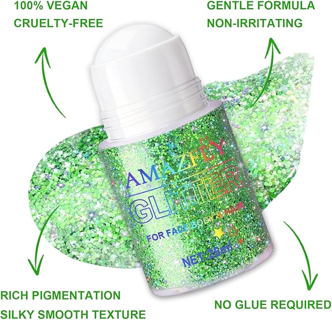 Roll-on Holographic Body Glitter Gel for Face and Hair, Chameleon Color Changing Glitter Gel Under Light, Chunky Mermaid Sequins Festival Party Rave Accessories (Green)