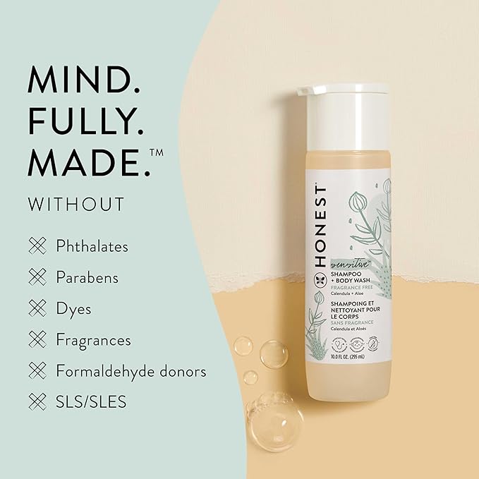 The Honest Company 2-in-1 Cleansing Shampoo and Body Wash for Sensitive Skin, Gentle Tear-Free, Hypoallergenic with Naturally Derived Ingredients, Fragrance-Free, 18 fl oz