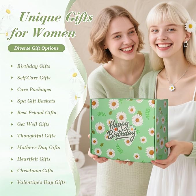 Birthday Gifts for Women Daisy Spa Gifts Box Set,Happy Birthday Gift Baskets for Mom Wife Girlfriend Best Friend Sister Self Care Valentines Day Gifts for Her with Blanket Vanilla Coconut Candle