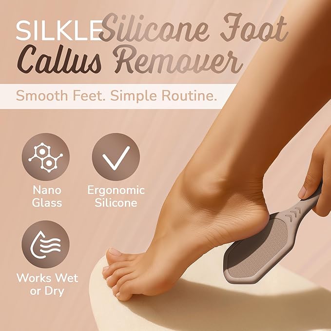 Nano Glass Foot File - Silicone Foot Callus Remover for Feet and Cracked Heels - Heel Scraper for Dead Skin - Ergonomic Foot Scrubber & Exfoliator for Shower with Non-Slip Grip - Brown