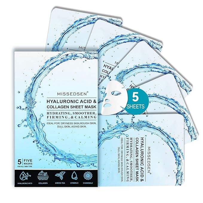 MISSEDSEN Collagen Face Mask with Hyaluronic Acid, Vitamin E Oil for Skin Care Hydrating, Moisturizing, Brightening & Anti Aging Face Masks Skincare for Oil, Dry, Acne, Sensitive All Skin Types 5PCS