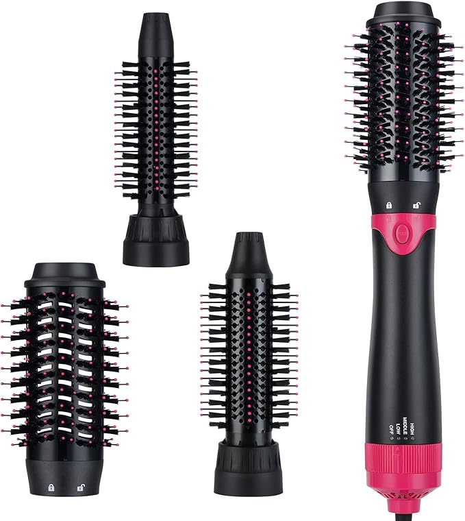 3 in 1 Hair Dryer & Volumizer, Ceramic Negative Ion Curling Dryer Styler with 3 Brush Heads (Rose Black)
