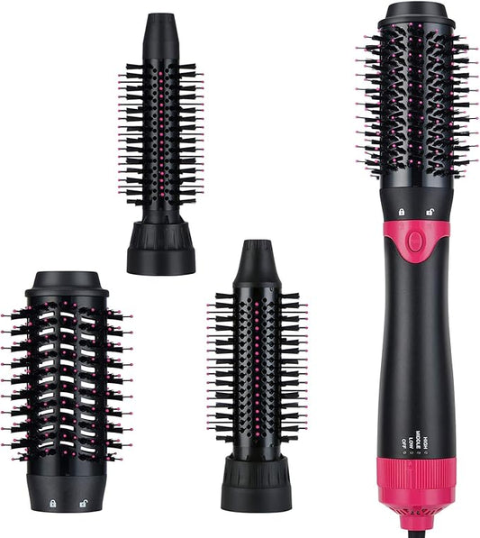 3 in 1 Hair Dryer & Volumizer, Ceramic Negative Ion Curling Dryer Styler with 3 Brush Heads (Rose Black)