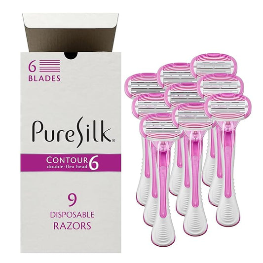 Pure Silk Contour 6 Premium Disposable Razor Value Pack Bundle (3 Packs/9 Total Razors)
