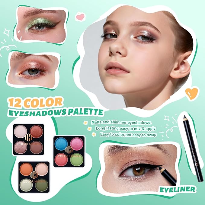 Color Nymph All In One Girls Makeup Kits for Teen Girls Full Kit with Storage Box, Make up Set for Girl with Eyeshadow Blushes Contour Highlighter Lipgloss Lipliner Lip Balm Eyeliner and Mirror