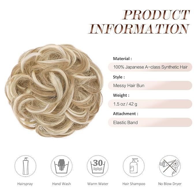 FESHFEN Messy Bun Hair Piece - Wavy Synthetic Chignon Scrunchies for Instant Volume, Elastic Bun Ponytail Hair Extensions Thick Hairpieces for Women, Dirty Blonde 1.50 oz