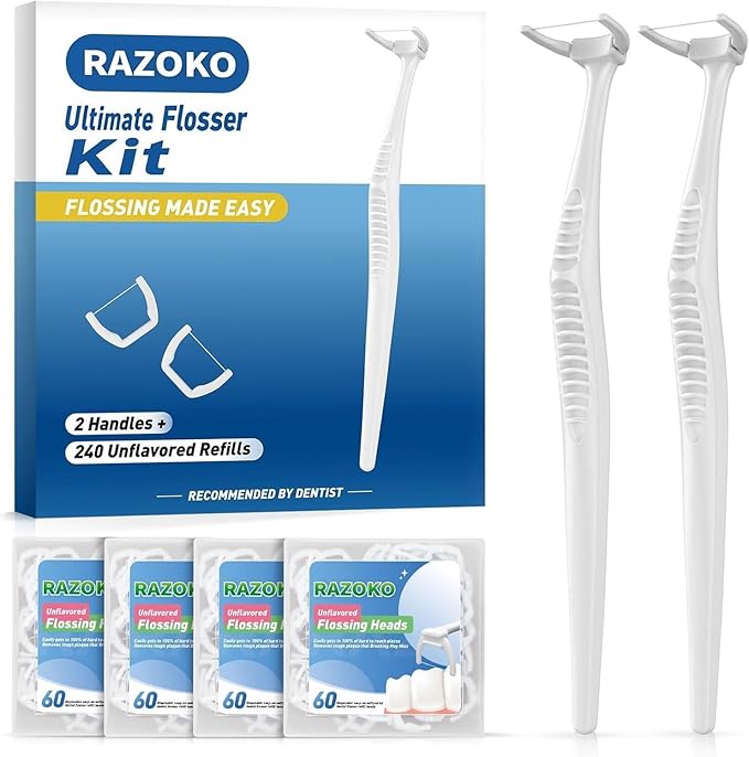 RAZOKO Dental Flosser Kit, Extra Strong Shred-Resistant Floss, for Hard to Reach Areas, PTFE & PFAS Free, 2 Handles + 240 Refill Heads