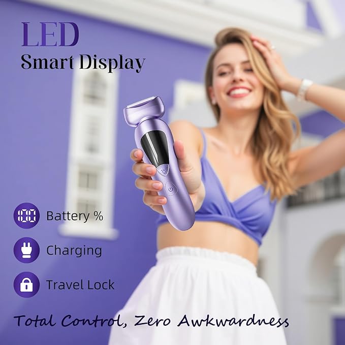 Cordless Electric Razors for Women: Rechargeable Painless Bikini Trimmer for Body Hair - IPX7 Waterproof Shaver with LED Display for Face/Underarm/Leg Deep Purple