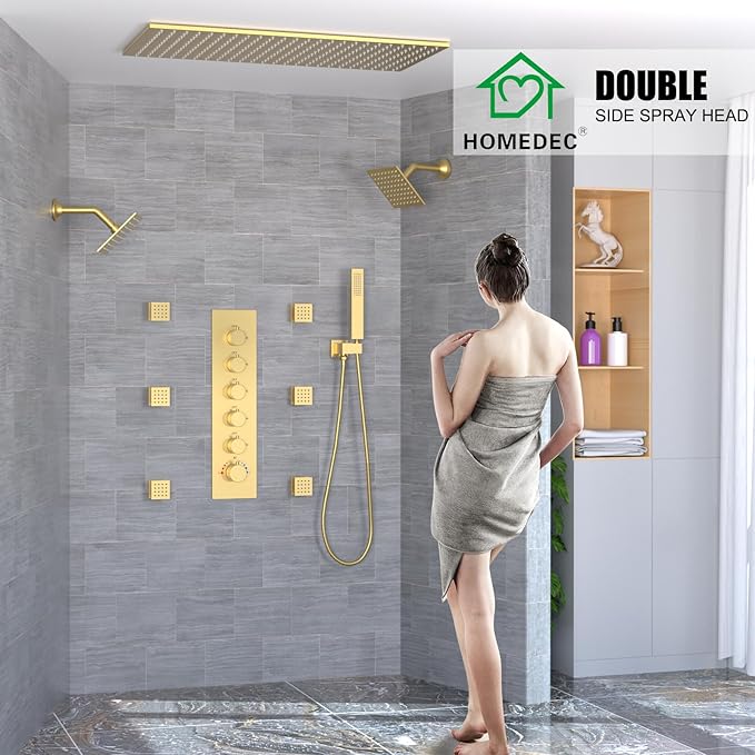 HOMEDEC 15.7x31.5" Ceiling Rain Shower System with Handheld, 6 Spray Jets, and Dual Side 6" Wall Mount Shower Head, Brushed Gold