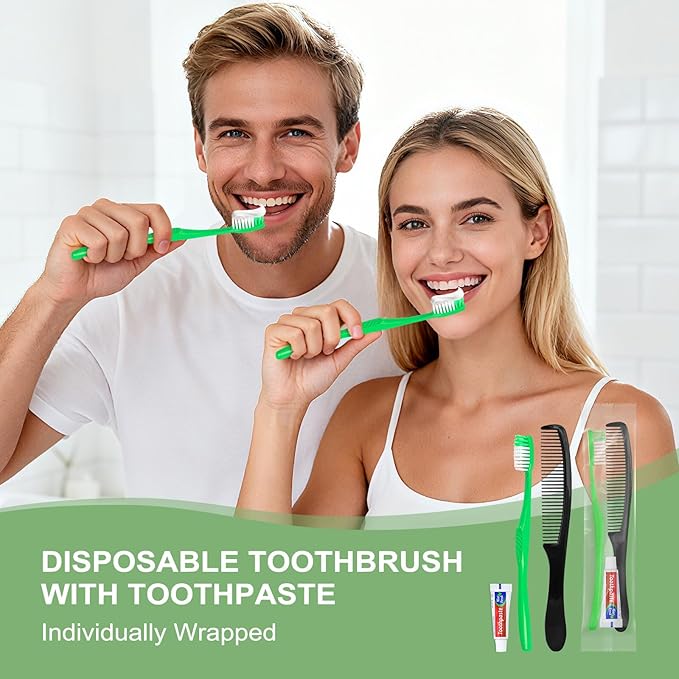Green Disposable Toothbrushes with Toothpaste and Comb - Pack of 30,Individually Wrapped Single Use Travel Toothbrushes Kit Bulk for Homeless,Guests,Hotel