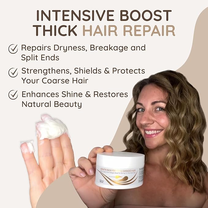 VITAMINS hair cosmetics Keratin Hair Mask Deep Conditioner for Dry Damaged Hair - Biotin, Collagen & Castor Oil Deep Conditioning, Repairs Split Ends & Restores Shine - For Thick Locks