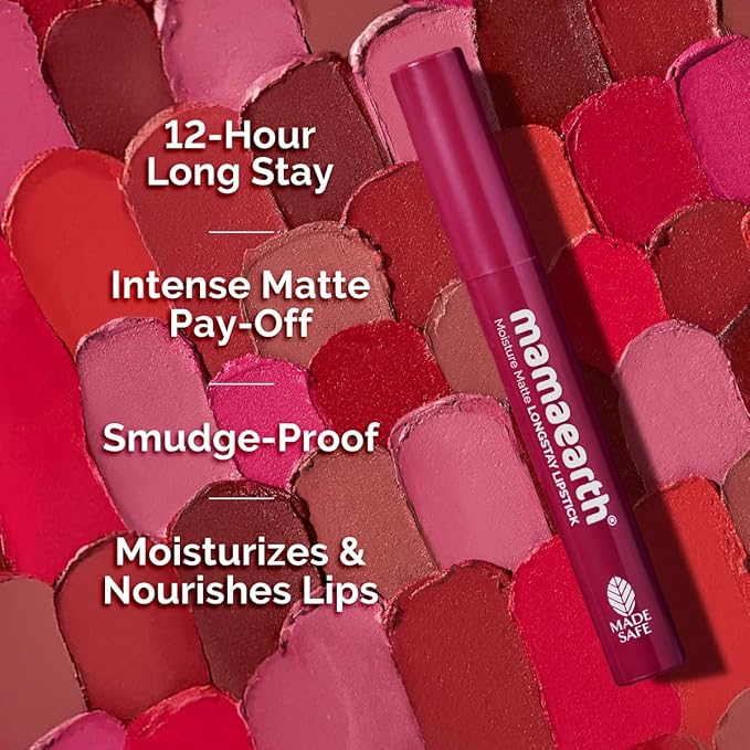 MAMAEARTH Moisture Matte Lipstick (Berrylicious Magenta) | Infused with Vitamin E | 12-Hour Long Stay & 8-Hour Moisture Lock | Cruelty-Free & Smudge-Proof | 0.07 Oz/2g