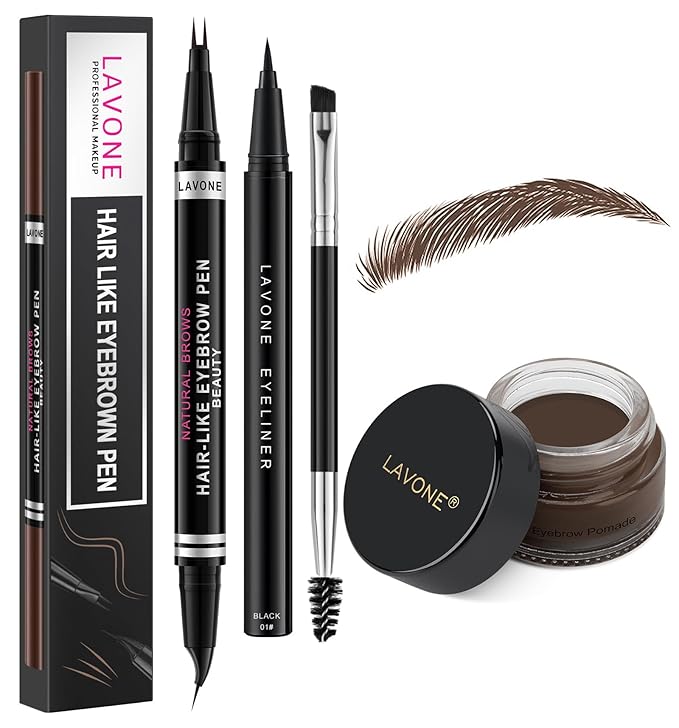 LAVONE Hair-Like Eyebrow Pen Makeup kit, Eyebrow Pencils for Women with Waterproof Microblading Eyebrow Pencil, Eyebrow Pomade, Eyeliner and Eyebrow Brush, Create Full, Natural Brows, Dark Brunette
