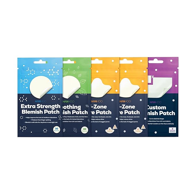 Hanhoo Soothing Blemish Patch,Extra Strength Blemish Patch,Face & Body Blemish Patch,and T-Zone Pore Patch Bundle,90 Total Patches,with Salicylic Acid, Tea Tree, and Aloe, Blackhead and Acne Treatment