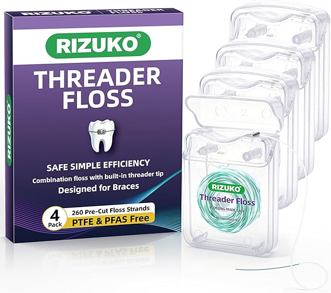 Threader Floss,2-in-1 Dental Floss for Braces, Bridges & Implants,Easy Threading Design,260 Count PTFE & PFAS Free Sponge Floss for Deep Cleaning (65 Count(Pack of 4), Light Mint)
