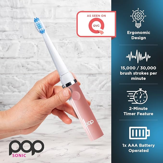 Pop Sonic Electric Toothbrush (Pastel Pink) - Travel Toothbrushes w/AAA Battery | Kids Electric Toothbrushes with 2 Speed & 15,000-30,000 Strokes/Minute, Dupont Nylon Bristles