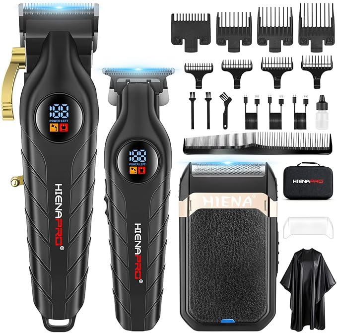 HIENA PRO Hair Clippers for Men Professional, Cordless Barber Clipper T-Blade Beard/Hair Trimmer Foil Shaver Full Barber Set, Electric Men's Hair Cutting Kit with LED Display and 8 Guide Combs