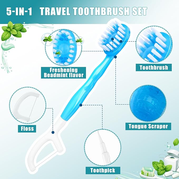 LemonRoad 120 Count Disposable Mini Travel Toothbrushes 5 in 1 Pre-Pasted Mini Brushes Floss Pick Scraper, Mint Peach Sakura Green Tea Flavors Individually Wrapped Portable Set