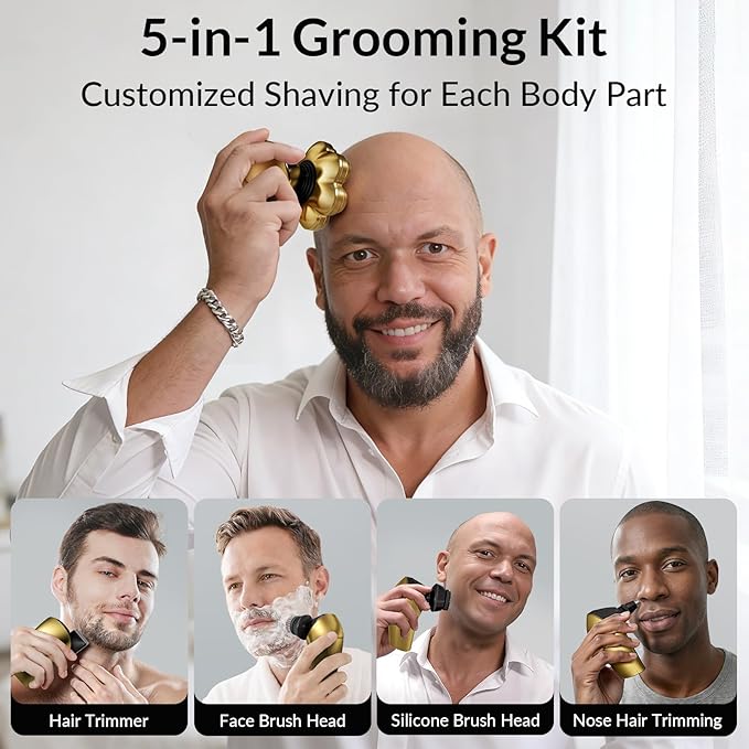 Head Shavers for Bald Men - 7D Arc Electric Razor with Magnetic Detachable Head, Waterproof Wet Dry 5-in-1 Electric Shaving & Grooming Kit, LED Display Rechargeable Head & Body Hair Shaver, Gold