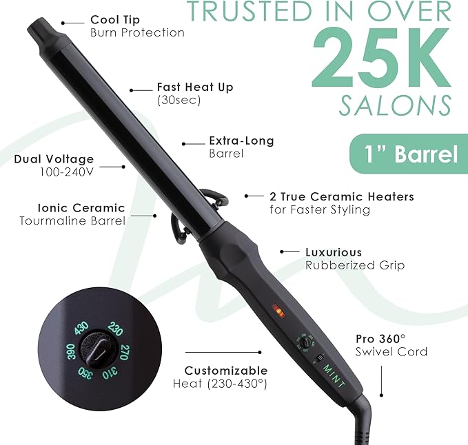 MINT Professional Clamp-Free Curling Wand 1 Inch for Long Hair | Extra Long Curl Wand w 4-Heater Ionic Ceramic Tourmaline Barrel | Best Curling Wands | Adjustable 230-430°F | Worldwide Dual Voltage