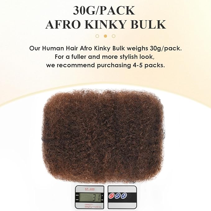 Teresa Afro Kinkys Bulk Human Hair for Twists, Braids and Dreadlocks, Natural and Soft Afro Kinky Curly Human Hair Bulk Can be Dyed and Bleached (8 Inch, #4, 30g/Pack)