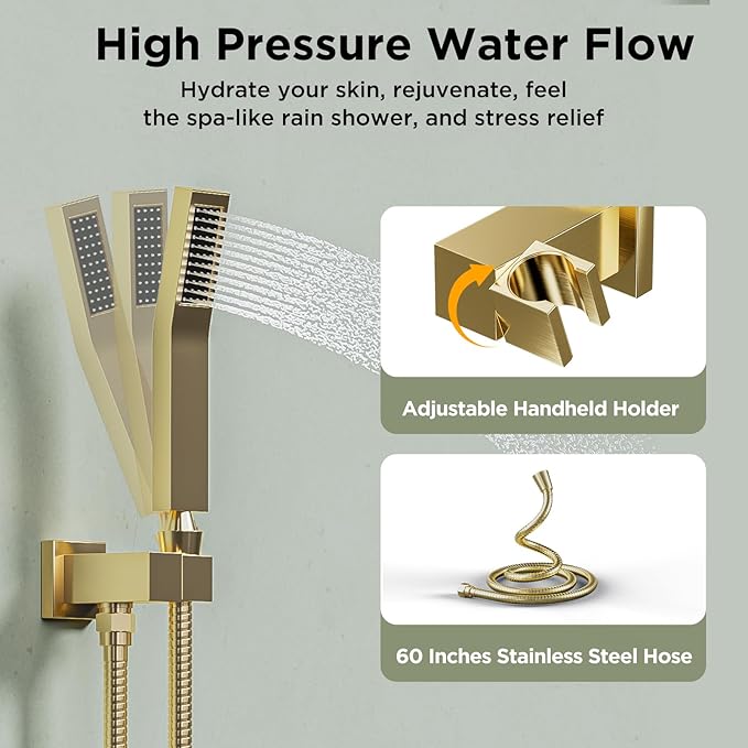 Shower Systems with 4 Body Spray Jets, STARBATH 4 Way 12+6" Rainfall Shower Head with Handheld Combo, Wall Mounted Shower Jets System in Wall Shower Faucet Sets Complete,Brushed Gold