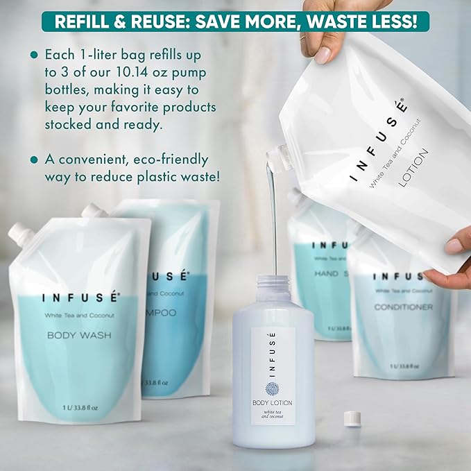 INFUSÉ 1 Liter Lotion Refill Bag For Soap Dispensers | Bulk Toiletries for Vacation Rentals, and Home Bathroom Showers | White Tea and Coconut | Set of 3