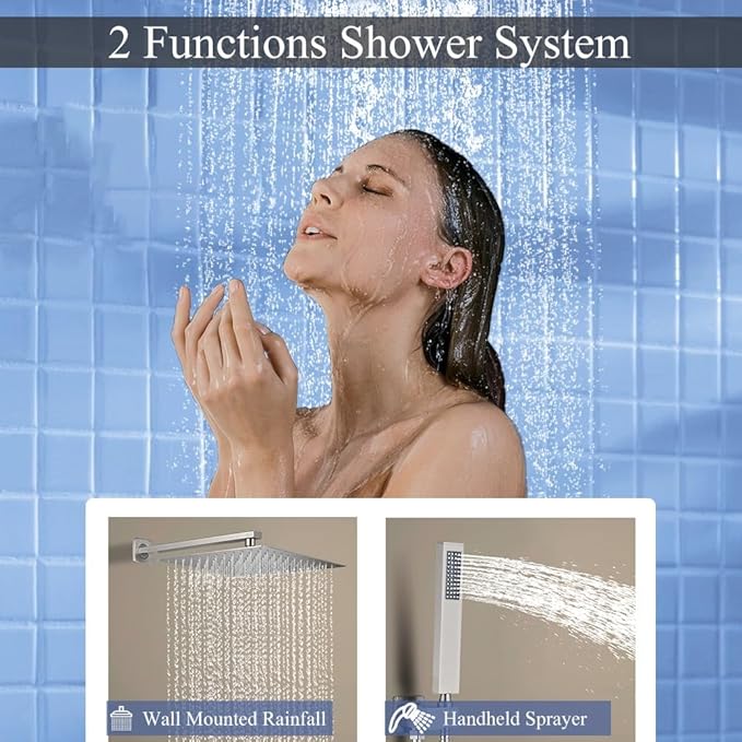 YCAIKOI Shower Faucet Set 16 Inch Wall Mount Rain Shower System, All Metal Shower Fixtures - Brushed Nickel
