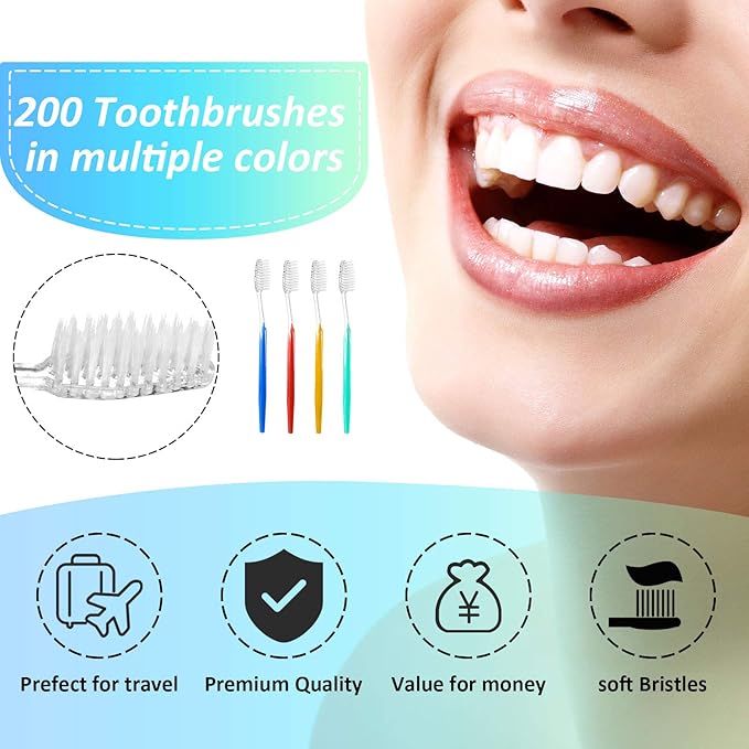 Patelai 200 Pcs Disposable Travel Toothbrush Bulk Individually Wrapped Toothbrush Pack Medium Soft Bristle Manual Disposable Colorful Tooth Brush for Adult Work Travel Hotel Donation (Vivid)