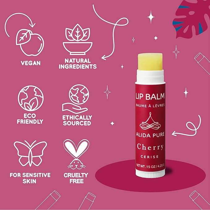 ALIDA PURE Cherry Lip Balm Collection, Vegan Set, Beeswax Free, with Organic Jojoba and Avocado Oil, Vitamin E, Natural Moisturizer for Dry, Chapped Lips, 3 Tube Set