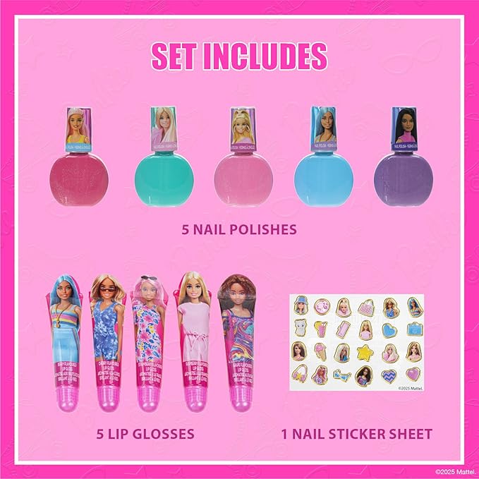 Barbie Cosmetic Makeup Set for Girls with Super Sparkly Lip Gloss Nail Polish and Nail Stickers 11 Pieces, Perfect for Parties Sleepovers Makeovers, Birthday, Ages by Townley Girl