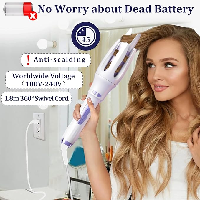 TGTNG® Automatic Hair Curler,Automatic Curling Iron with 4 Temperatures,Dual Voltage Rotating Curling Iron with 1 1/4 inch Fast Heating and Auto Shut-Off for Professional Hair Styling
