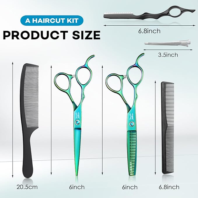 JASON Left Handed Hair Scissors - 10 Pcs Hair Scissors Set, 6 Inch Thinning Shears for Hairs Cutting with 28 Teeth, Straight Shear for Men & Women Professional Barber Set for Salon Home Green Style