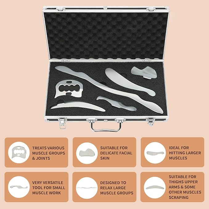 tonchean 6-Piece Muscle Scraper IASTM Tool Set, Gua Sha Scraping Massage Tool Set Stainless Steel Myofascial Release Tool Deep Tissue Massage Tool Set for Reduce Arms, Legs, Back, Shoulder Muscle Pain