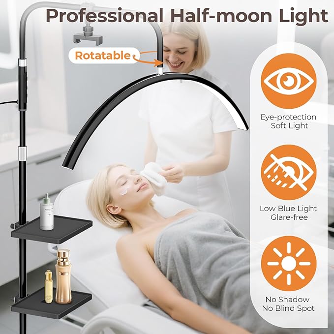 young master Half Moon Lash Light, 24W 1500LM Dimmable LED Floor Lamp with Adjustable Height for Lash Techs, Tattoo & Nail Artists, 4 Color Modes, Phone Holder & 2 Trays Included