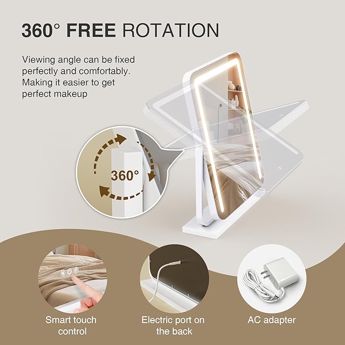 Lighted Makeup Mirror with Lights,Dimmable Touch Control Vanity Mirror for Desk/Bedroom, 360° Rotation,3 Color Modes for Flawless Application - Ideal Gifts for Her (White)