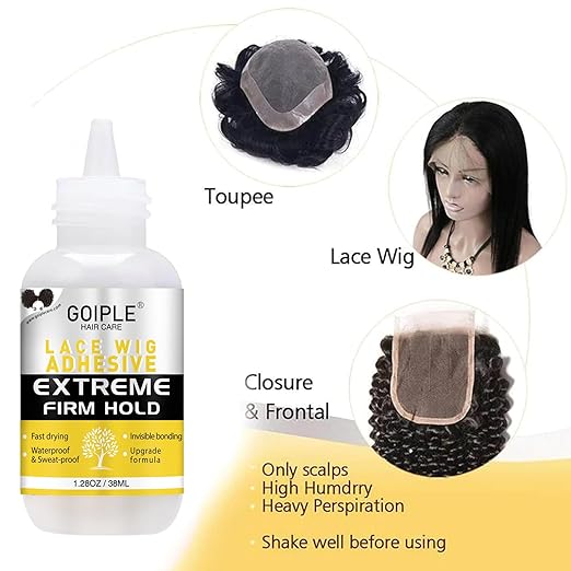 Wig Glue 1.28OZ, Waterproof Lace Front Adhsive for Wigs with Tools and Hair Wax Stick (Lace Adhesive/Wig Glue Remover/Wax Stick/Edge Control Wax/Elastic Band/Hair Dual Drush/Wigs Caps)
