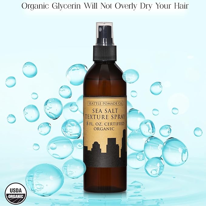 Seattle Pomade Co. Certified Organic Sea Salt Texture Spray. Made with organic materials from around the world.