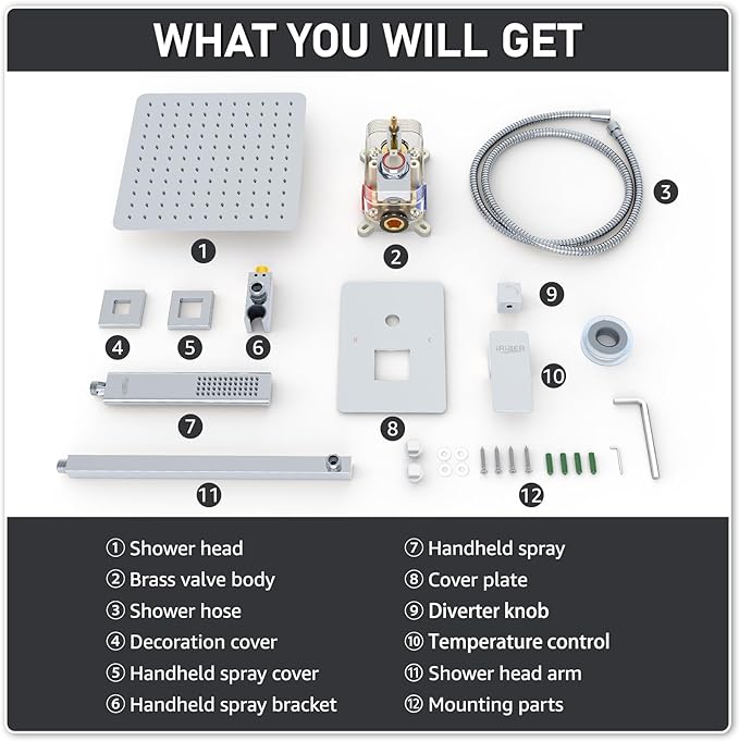 Iriber 12 Inch Bathroom Shower System Polish Chrome Wall Mounted Square Mixer Shower Faucet Combo Set with Hand Held Rough-in Valve Rainfall Shower and Trim