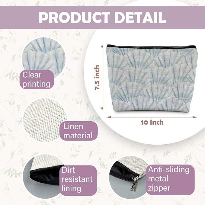 RYYCDOI Beach Makeup Bag, Beach Gifts for Women, Blue Sea Shell Preppy Beach Cosmetic Bags Zipper Pouch, Beach Gifts for Women Friends, Beach Lovers Gifts, Blue Makeup Pouch Zipper Bag