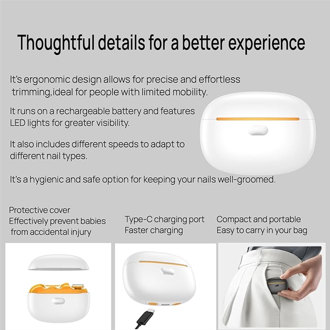 Upgraded 5-in-1 Electric Nail Clipper: LED Light & Dust Collector, USB Rechargeable, 2-Speed Grinder - Safe for Kids, Seniors, Arthritis, Toenails & Fingernails(White)