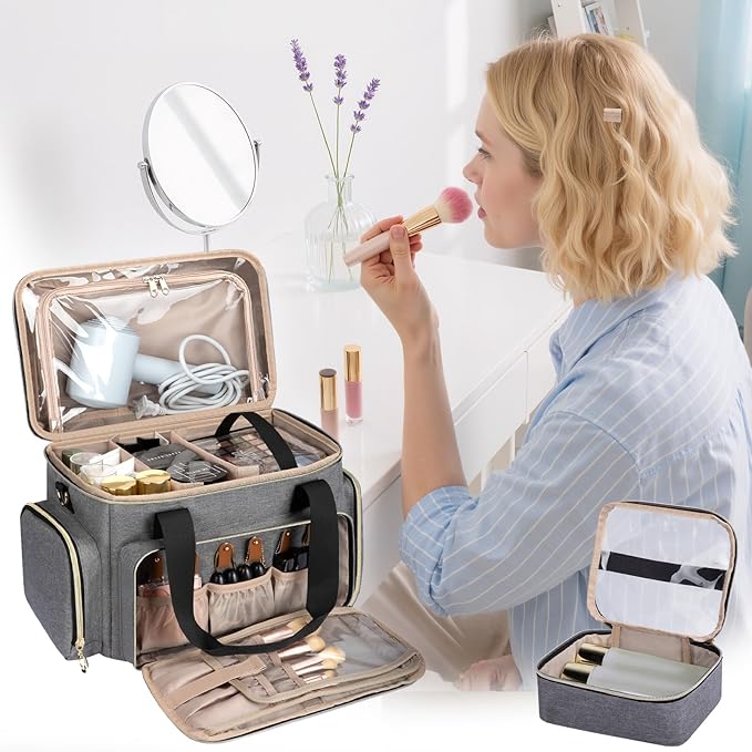 GDNasist Large Makeup Bag, Portable Travel Makeup Bag Organizer for Women Girls with 2 Removable Pouches & Detachable Dividers, Cosmetic Travel Bag, Toiletry Bag for Makeup and Hair Supplies Grey